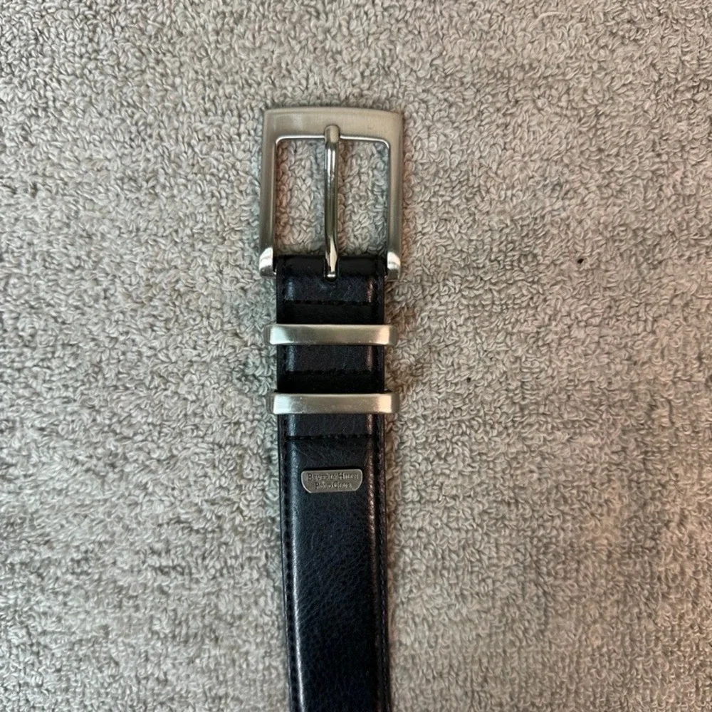 Beverly Hills Polo Club Mens Black Genuine Leather Belt Silver Buckle Size 42